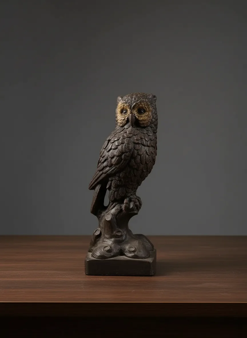 Búho naturalista de sobremesa en yeso patinado - 2