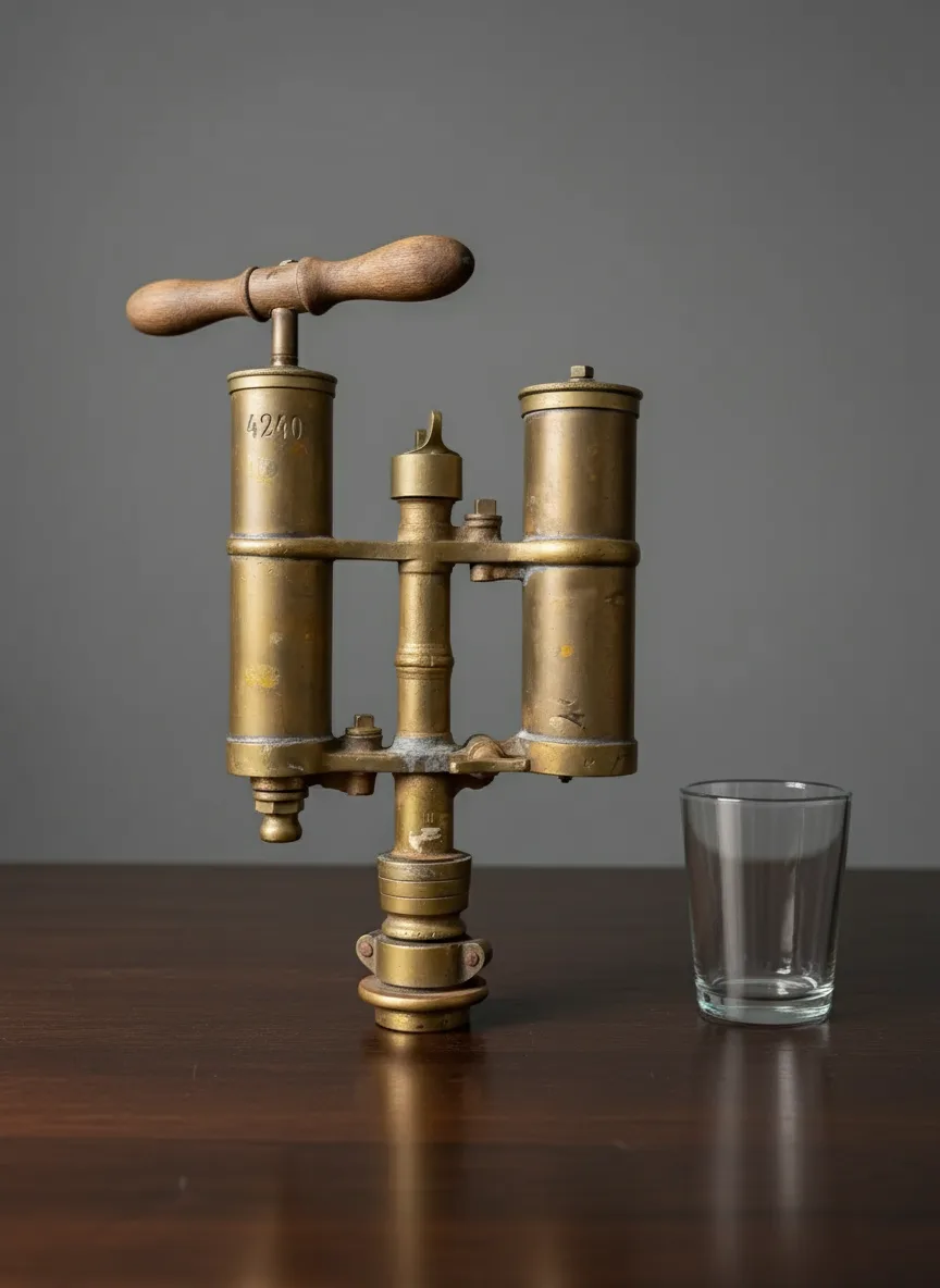 Sifón cervecero industrial en bronce con manija de madera - 2