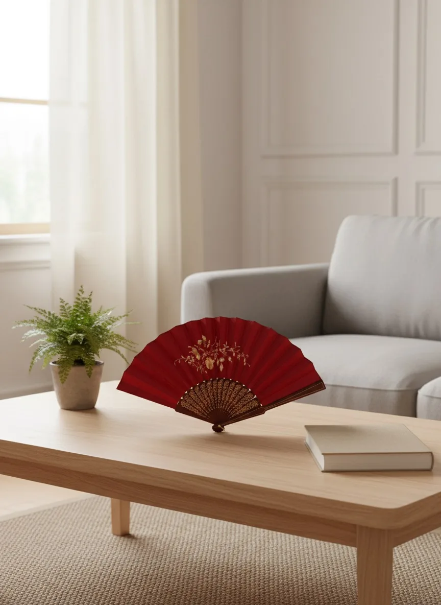 Abanico burdeos con motivos dorados y borla - 2