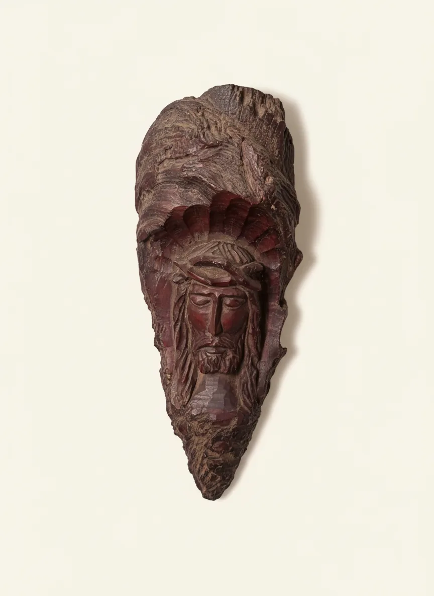 Cristo doliente tallado en madera rústica