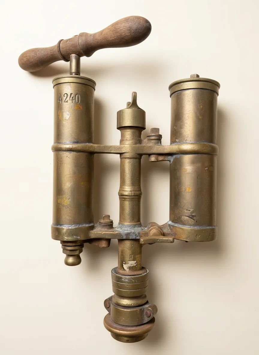 Sifón cervecero industrial en bronce con manija de madera