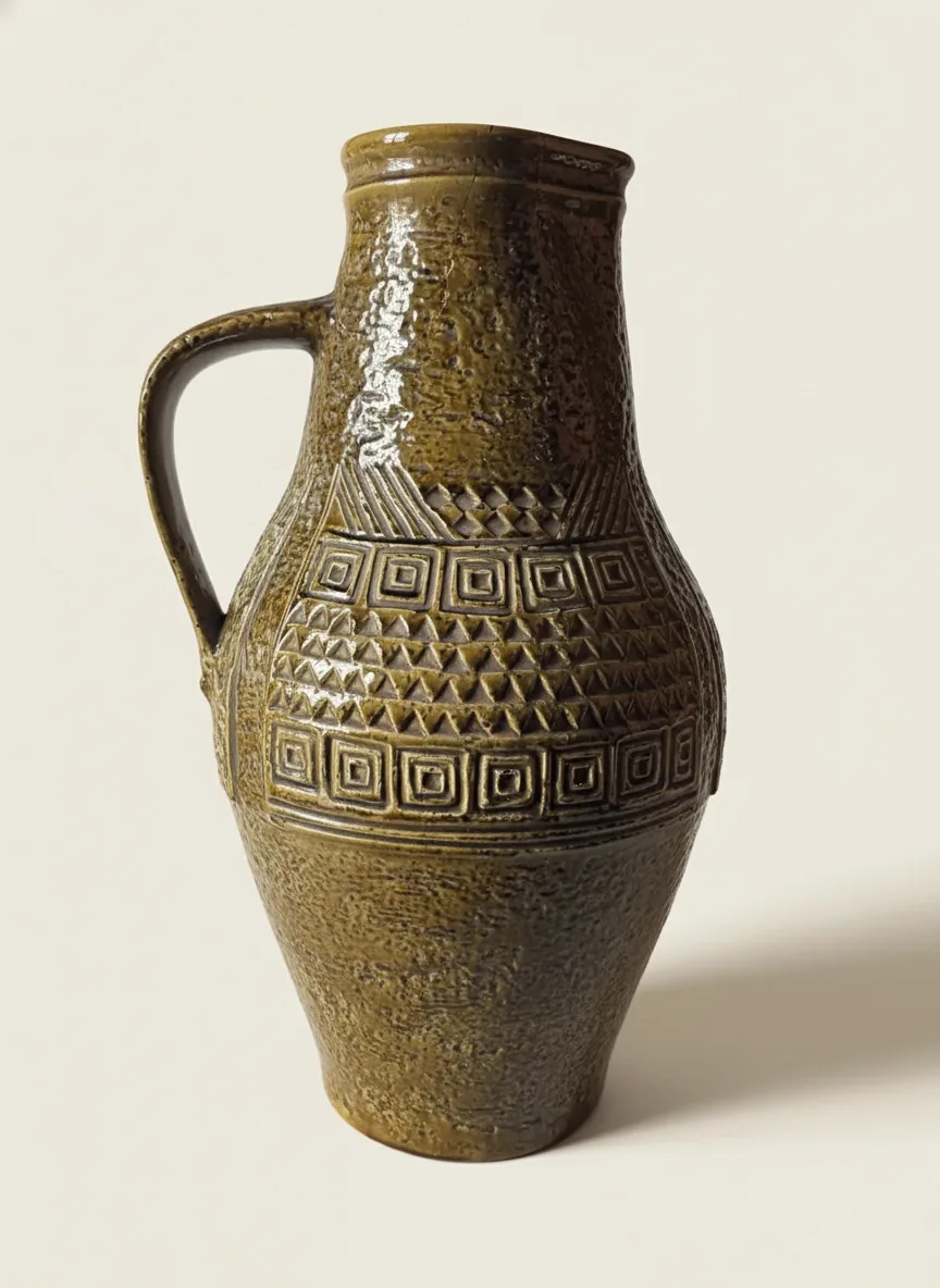 Jarra artesanal con relieve geométrico en esmalte oliva