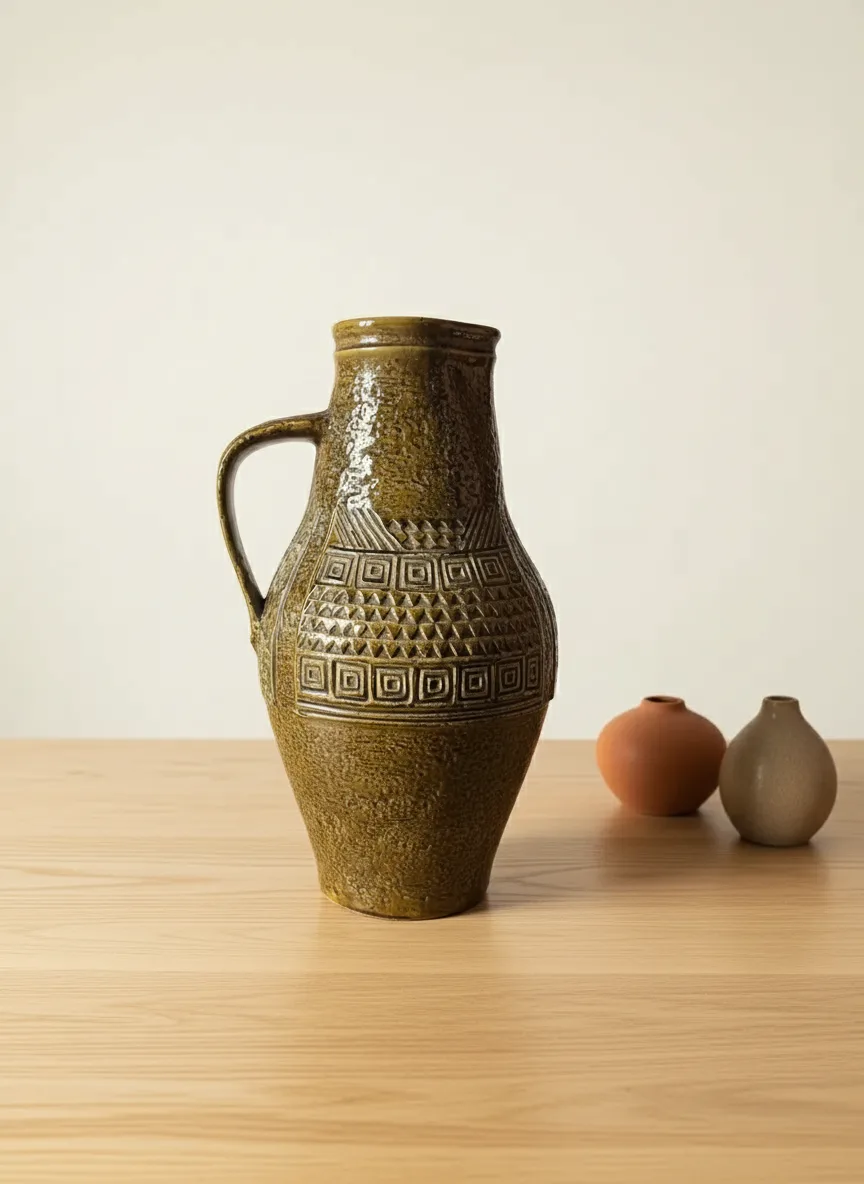 Jarra artesanal con relieve geométrico en esmalte oliva - 2